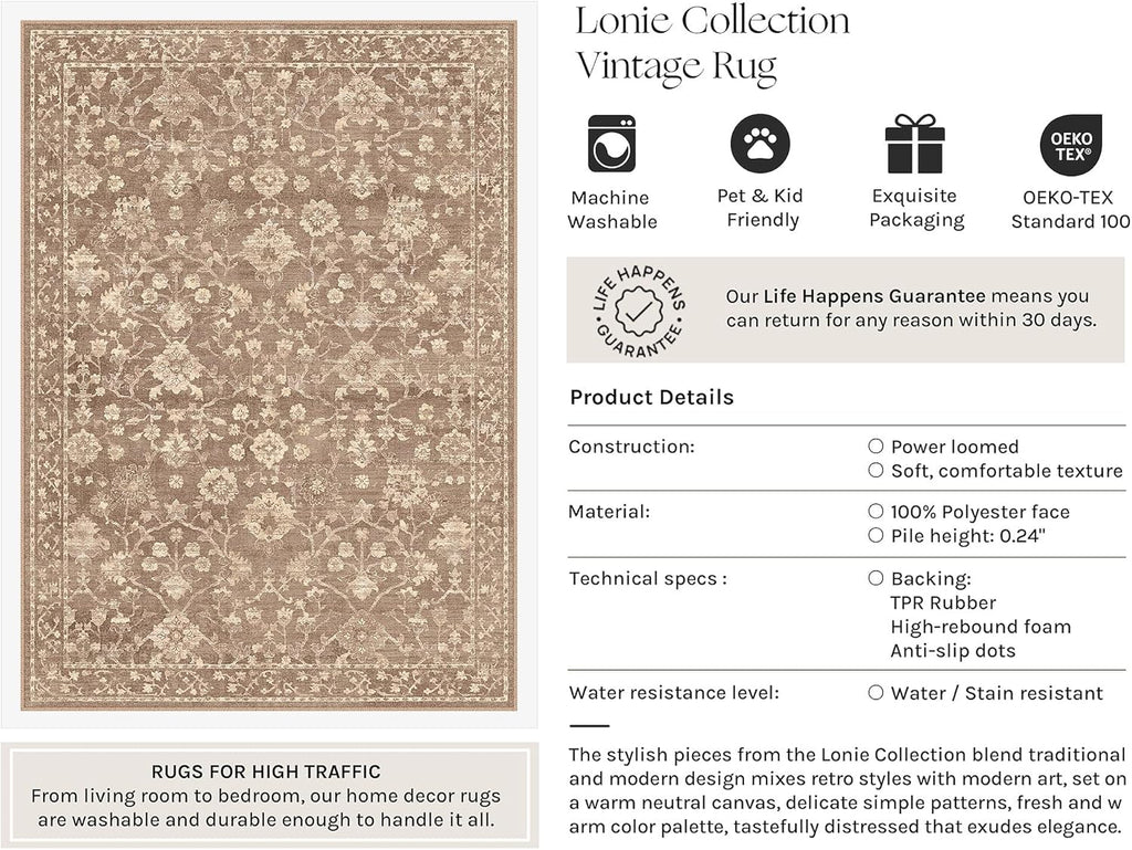 HUGEAR 6x9 Area Rugs for Living Room Washable Rug Carpet Brown Neutral Bedroom Rug Non Slip Soft Low Pile Retro Distressed Stain Resistant for Home Dining Room Office Farmhouse