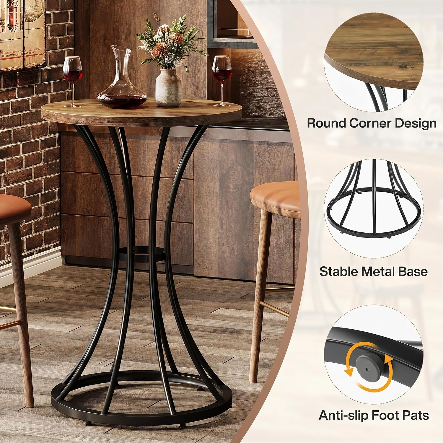 Tribesigns 37.4" H Bar Table, Round Bar Table with Curved Metal Base, Bar Height Table for Small Spaces, Living Room, Kitchen, or Apartments (Brown & Black) (1)