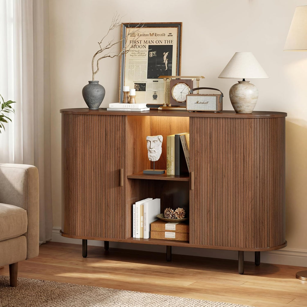 55" Wine Cabinet, Fluted Coffee Bar Cabinet with LED Light, Modern Liquor Coffee Station with Power Outlet, Wine Rack & Glass Holder, Sliding Door Buffet Sideboard Table for Kitchen, Entryway, Walnut