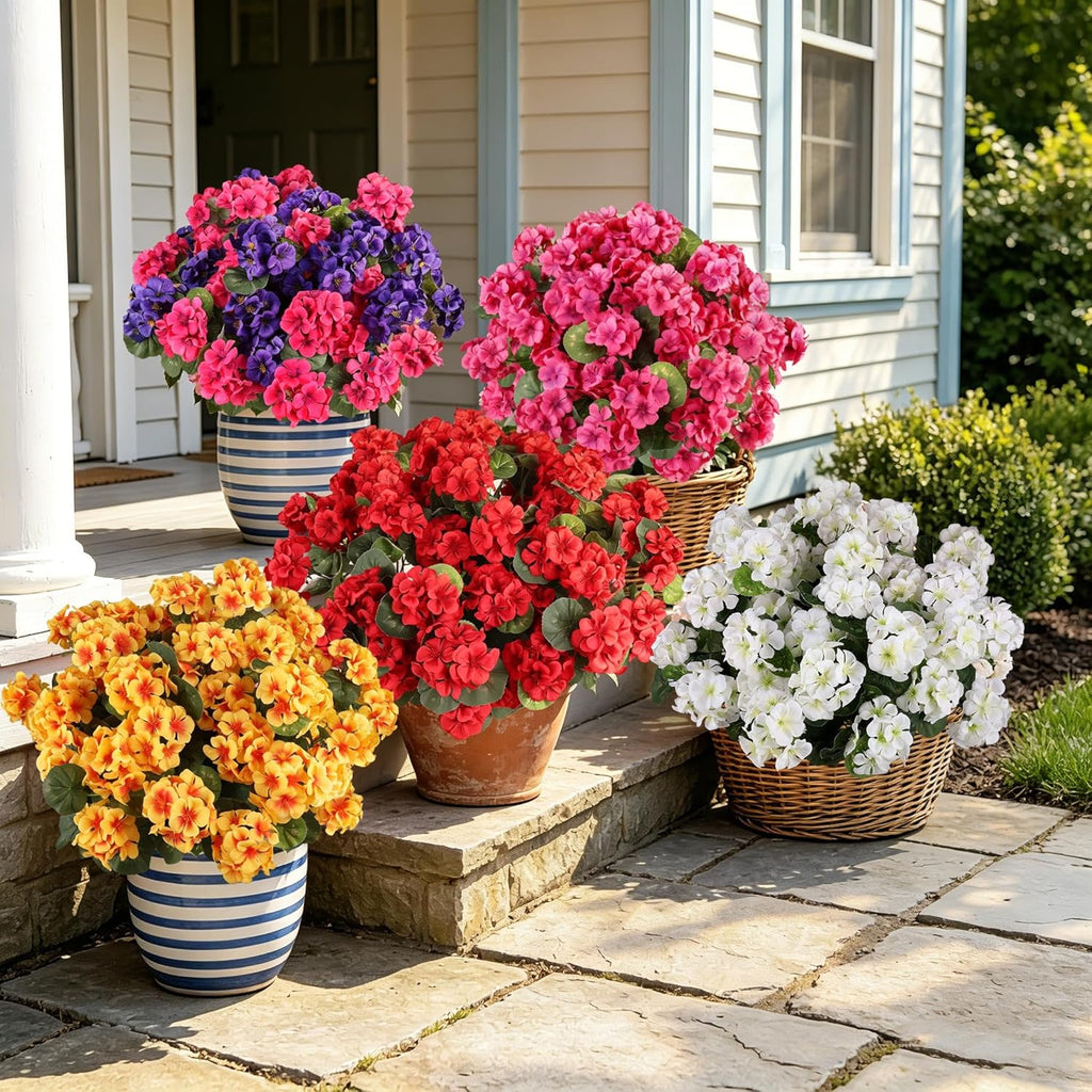 Artificial Flowers for Outdoors, 6 Bundles Realistic Faux Silk Red Geraniums Flowers UV Resistant No Fade Fake Plants for Outside Planter Christmas Front Porch Garden Patio Balcony Yard Decor