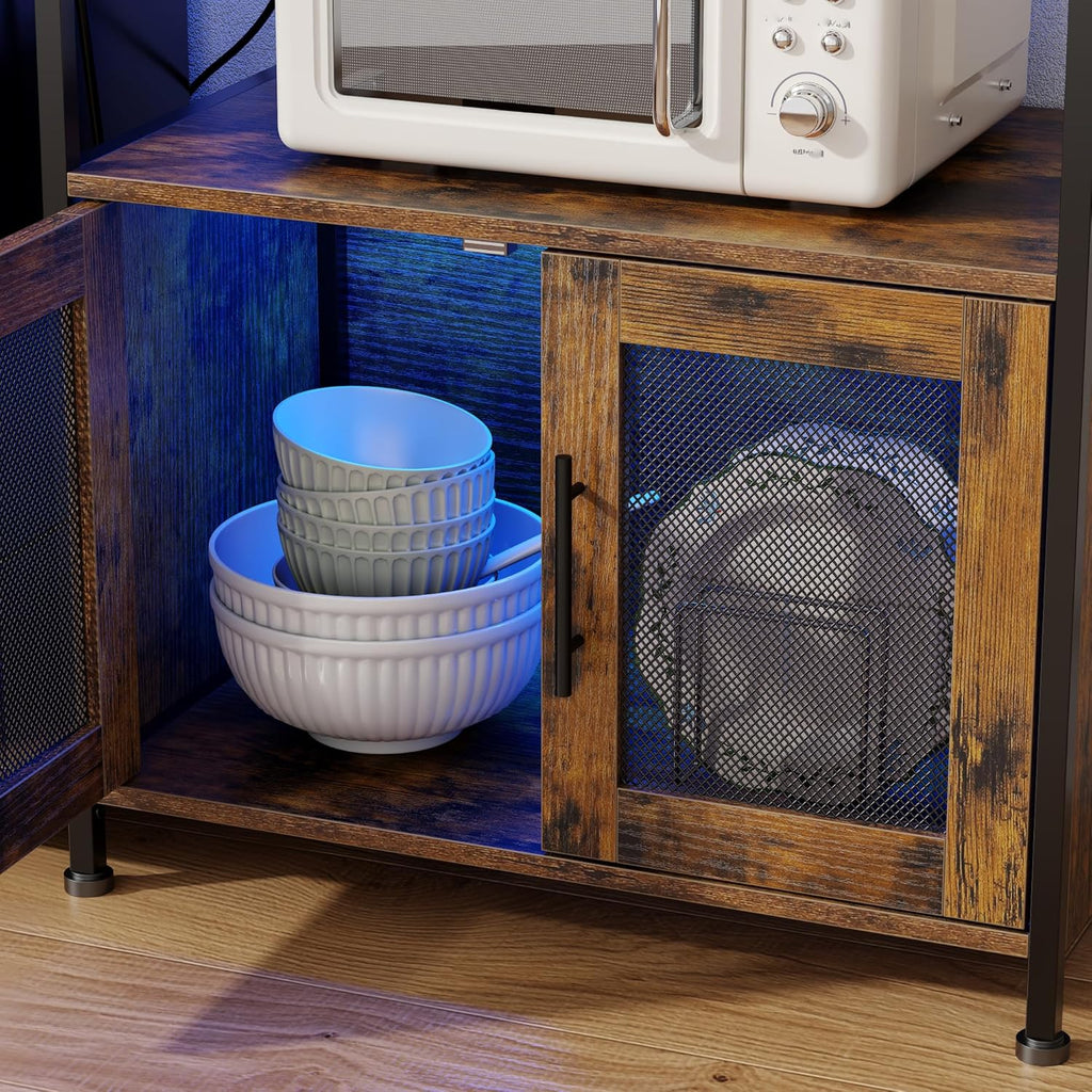 Loomie Bakers Rack with Power Outlet and LED Light, 71" Tall Kitchen Microwave Stand with Fridge Space, Farmhouse Coffee Bar Cabinet with Mesh Doors, Kitchen Shelves with Hooks (Rustic Brown)