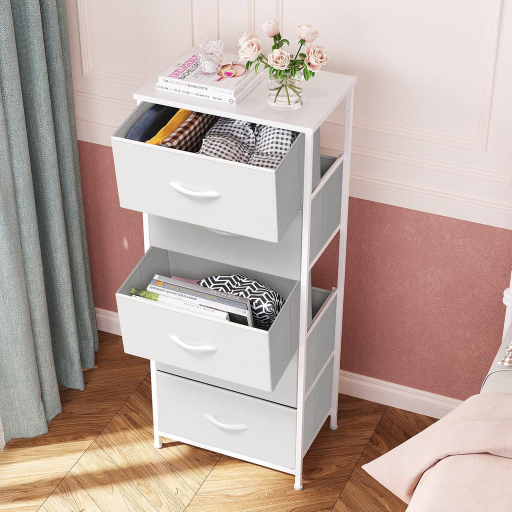 Crestlive Products Tall Dresser Vertical Storage Tower - Sturdy Steel Frame, Wood Top, Easy Pull Fabric Bins - Organizer Unit for Bedroom, Hallway, Entryway, Closets - 5 Drawers(White)