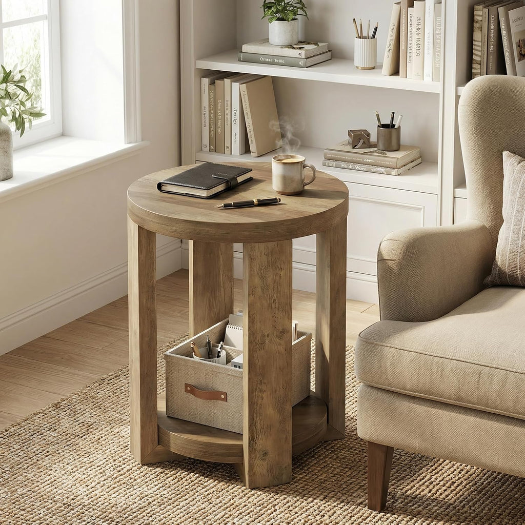 Tribesigns Round Side Table, 2-Tier End Table for Living Room & Bedroom, Small Accent Table with Storage Shelf (2, Brown)