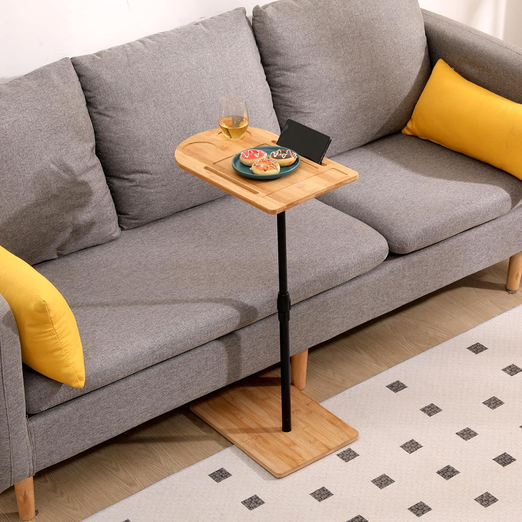 C-Shaped Oval Couch Tray Table， 360°Swivel Wider TV Tray Table Sofa Bamboo Height Adjustable Side Table with Slots for Bed & Chairs in Living Room Bedroom (Oval)