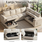 108 Inch Sectional Sleeper Sofa Bed with Pull Out Couch, U Shaped 7 Seat Cloud Modular Sectional Sofa with Storage, Corduroy Sectional Couches for Living Room, Removable Sofa Cover, Beige