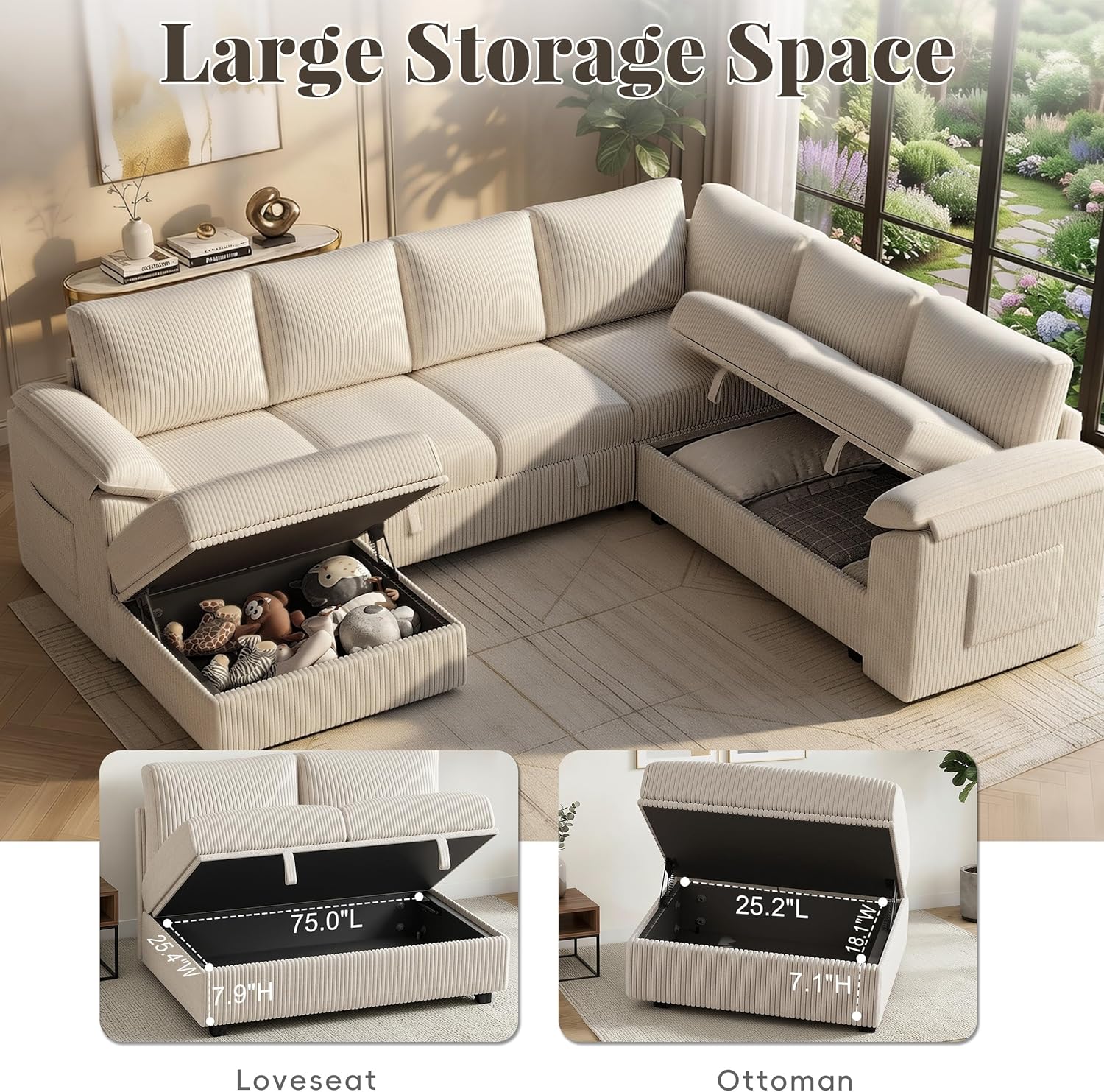 108 Inch Sectional Sleeper Sofa Bed with Pull Out Couch, U Shaped 7 Seat Cloud Modular Sectional Sofa with Storage, Corduroy Sectional Couches for Living Room, Removable Sofa Cover, Beige