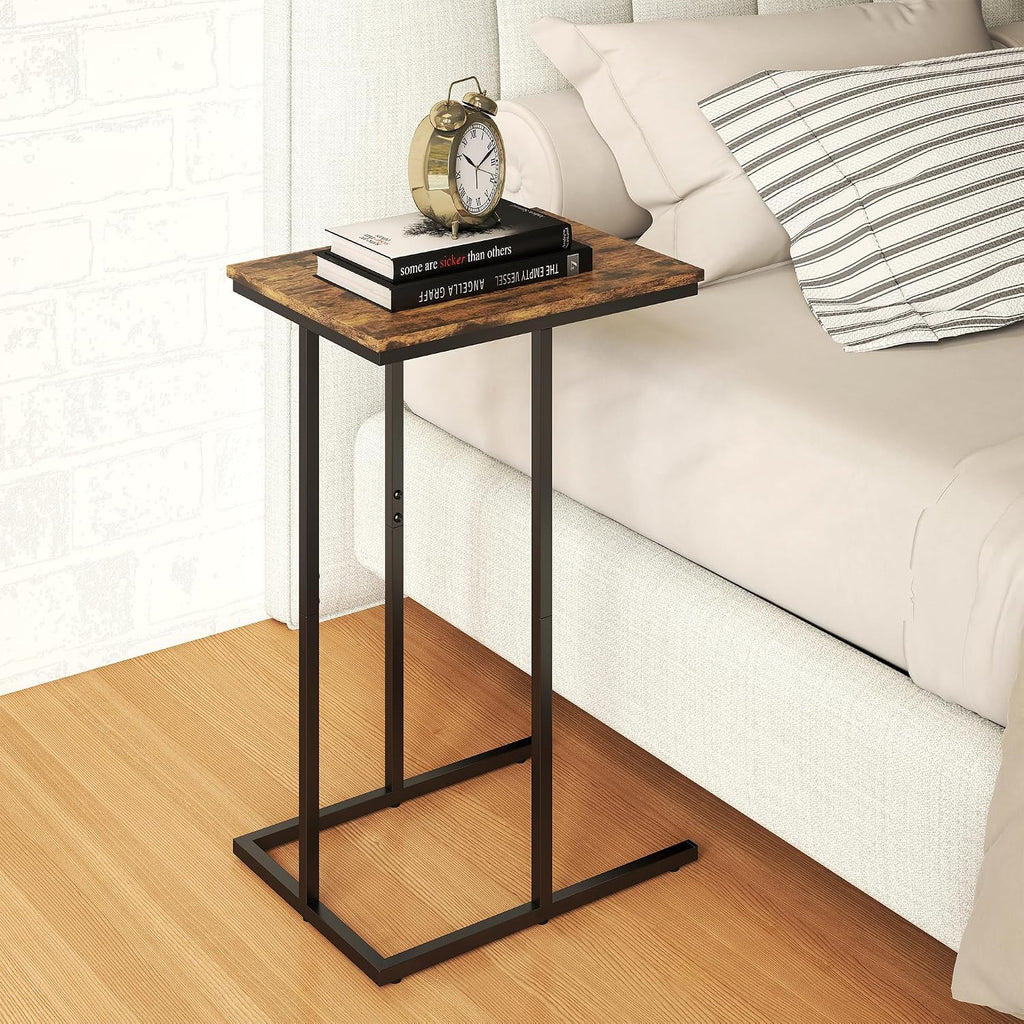 Manora Set of 2 C Shaped Side Tables for Living Room, Industrial End Table Sofa Table, Rustic Wood Look Laptop Snack Table, Small Couch Table for Bedroom, Rustic Brown