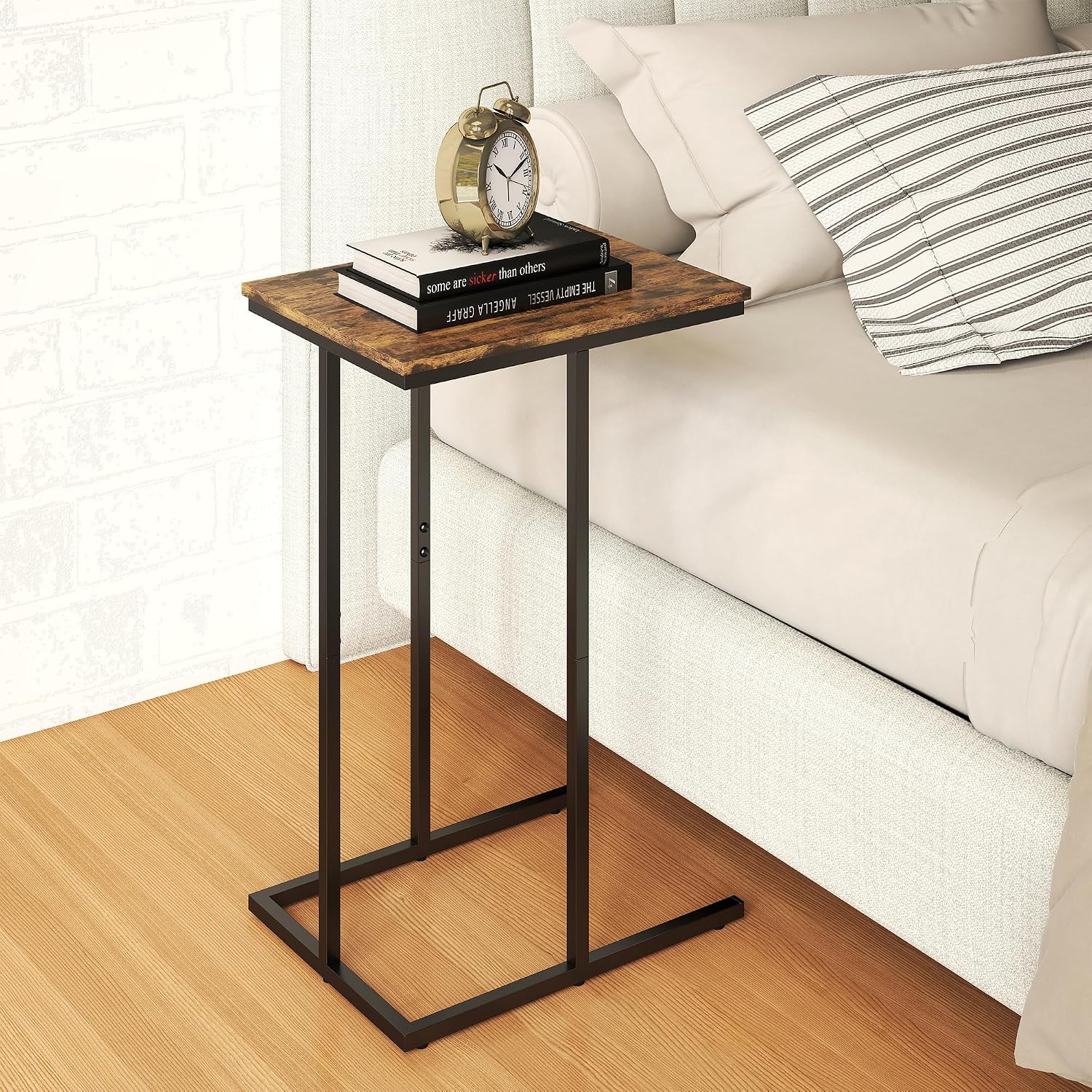Manora Set of 2 C Shaped Side Tables for Living Room, Industrial End Table Sofa Table, Rustic Wood Look Laptop Snack Table, Small Couch Table for Bedroom, Rustic Brown