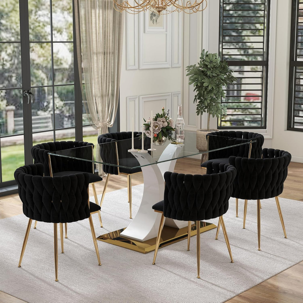 7 Pieces Modern Luxury Glass Dining Set, Large Minimalist Rectangle Dinner Set for 6, 63'' Clear Glass Top Kitchen Table Set with White & Gold Base, Black Dining Chairs, for Apartment
