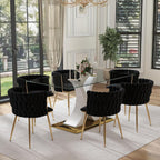 7 Pieces Modern Luxury Glass Dining Set, Large Minimalist Rectangle Dinner Set for 6, 63'' Clear Glass Top Kitchen Table Set with White & Gold Base, Black Dining Chairs, for Apartment
