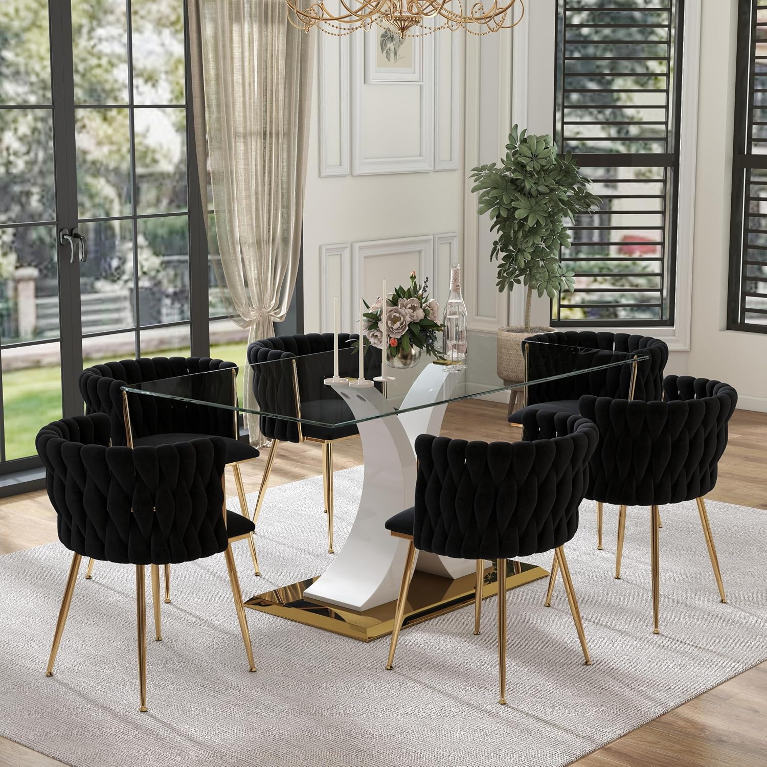 7 Pieces Modern Luxury Glass Dining Set, Large Minimalist Rectangle Dinner Set for 6, 63'' Clear Glass Top Kitchen Table Set with White & Gold Base, Black Dining Chairs, for Apartment