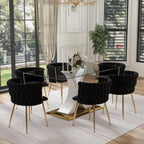 7 Pieces Modern Luxury Glass Dining Set, Large Minimalist Rectangle Dinner Set for 6, 63'' Clear Glass Top Kitchen Table Set with White & Gold Base, Black Dining Chairs, for Apartment