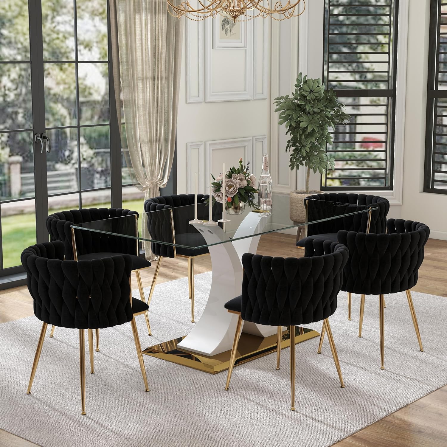 7 Pieces Modern Luxury Glass Dining Set, Large Minimalist Rectangle Dinner Set for 6, 63'' Clear Glass Top Kitchen Table Set with White & Gold Base, Black Dining Chairs, for Apartment