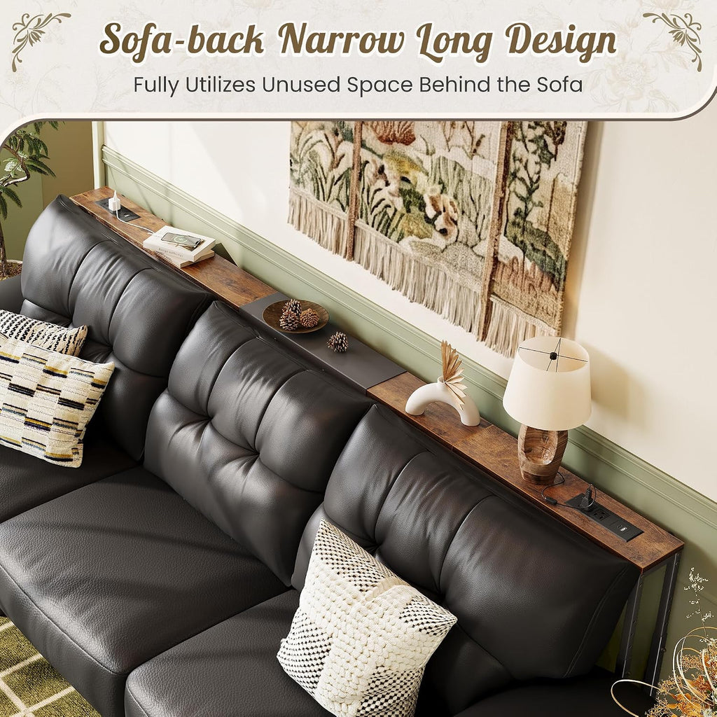 Huuger Narrow Console Table with Power Outlets & USB-C, 23.6"-35.4" Adjustable Height Sofa Table Behind Couch, Extendable 94.5"-110.2" Long Console Table, Wall-Protected Pads, Rustic Brown