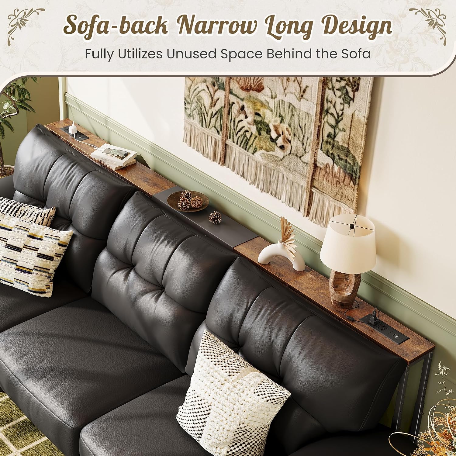 Huuger Narrow Console Table with Power Outlets & USB-C, 23.6"-35.4" Adjustable Height Sofa Table Behind Couch, Extendable 94.5"-110.2" Long Console Table, Wall-Protected Pads, Rustic Brown