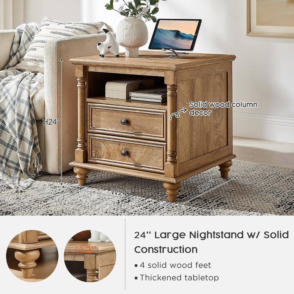 T4TREAM 24'' Farmhouse End Table w/4 Solid Wood Feet, Large 2 Drawers Wide Sofa Side Table with Charging Station, Tall Rustic Wood Square Nightstand for Living Room, Bedroom, Office, Light Tree Knot