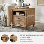 T4TREAM 24'' Farmhouse End Table w/4 Solid Wood Feet, Large 2 Drawers Wide Sofa Side Table with Charging Station, Tall Rustic Wood Square Nightstand for Living Room, Bedroom, Office, Light Tree Knot
