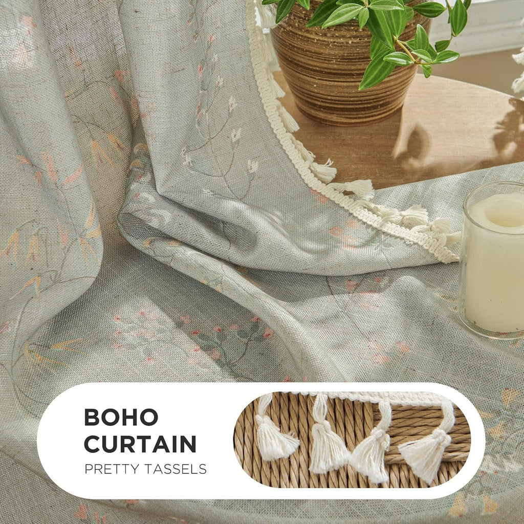 Joydeco Blue Floral Boho Curtains 96 Inches Long 2 Panels, Super Soft Bohemian Farmhouse Curtains with Tassels, Semi Sheer Light Filtering Drapes for Bedroom Living Room (Rod Pocket, 52Wx96L)