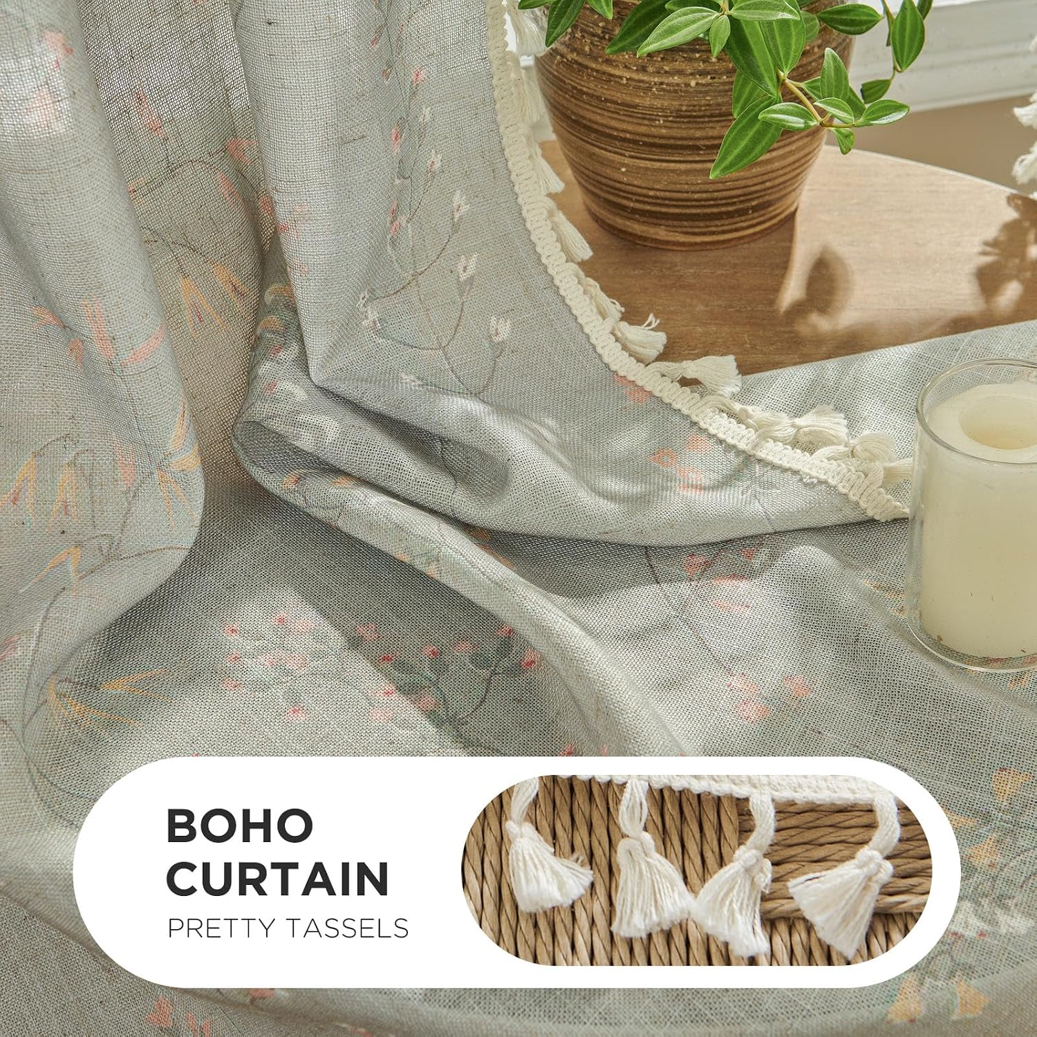 Joydeco Blue Floral Boho Curtains 96 Inches Long 2 Panels, Super Soft Bohemian Farmhouse Curtains with Tassels, Semi Sheer Light Filtering Drapes for Bedroom Living Room (Rod Pocket, 52Wx96L)