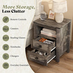 AMERLIFE Farmhouse Wood Nightstand Set of 2, End Table with Drawers, Grey | Narrow/Small 18" Bedside Table with Open Shelf, Wooden Night Stand for Bedroom/Home Office, Rustic Grey Oak