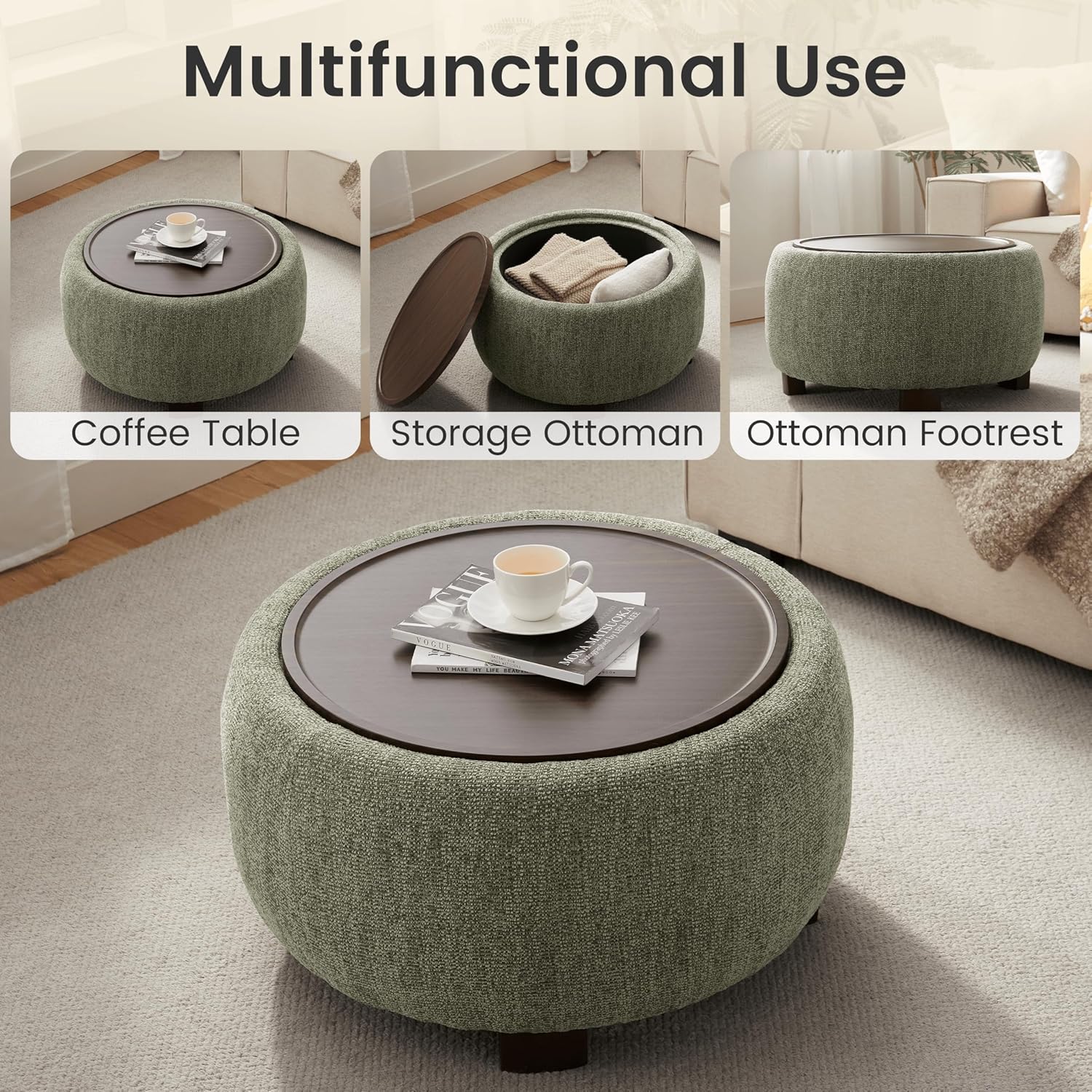 VKNOW 30" Round Storage Ottoman, Ottoman Coffee Table with Removable Wood Top and Solid Wood Legs for Living Room, Bedroom, Apartments(Green)