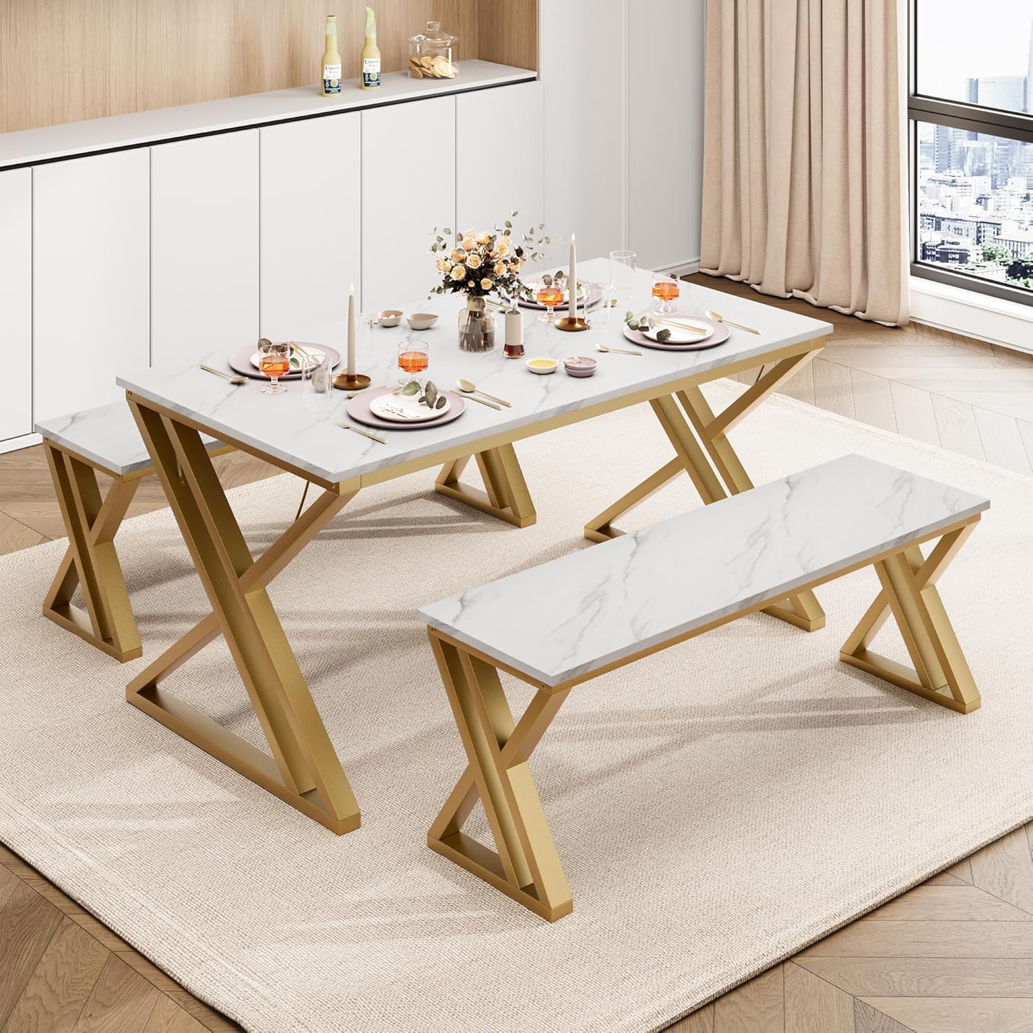 GarveeHome Kitchen Table with 2 Benches, Dining Table Set for 4 with Faux Marble Tabletop, Saving Space Dining Room Table Set for Kitchen, Dining Room, Apartment, Sturdy Metal Frame