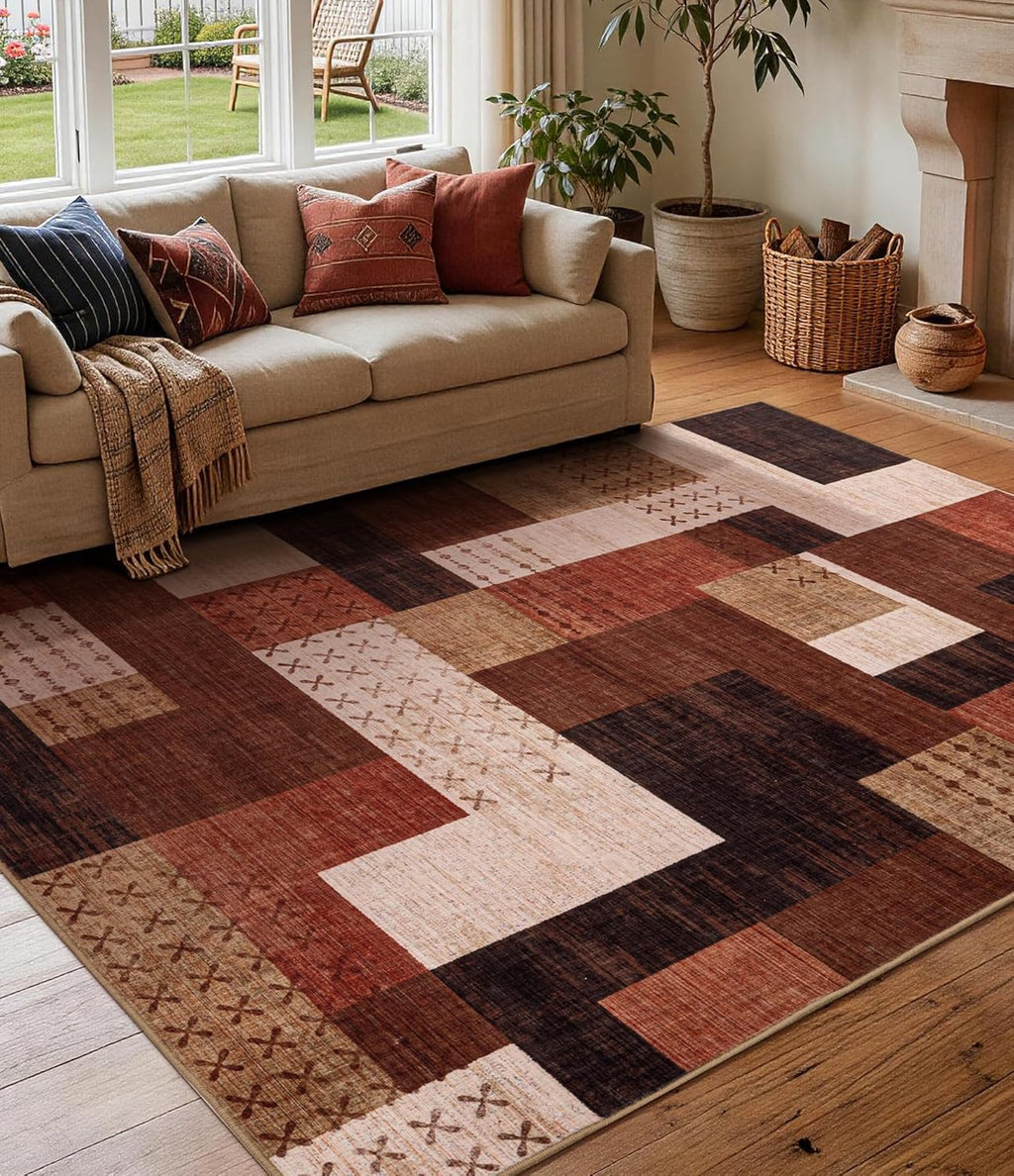 YIHOUSE Brown Modern 5x7 Area Rugs for Living Room, Washable Geometric Patchwork Rug for Bedroom Playroom Non Slip Low Pile, Southwestern Rustic Throw Carpet for Entryway Home Office