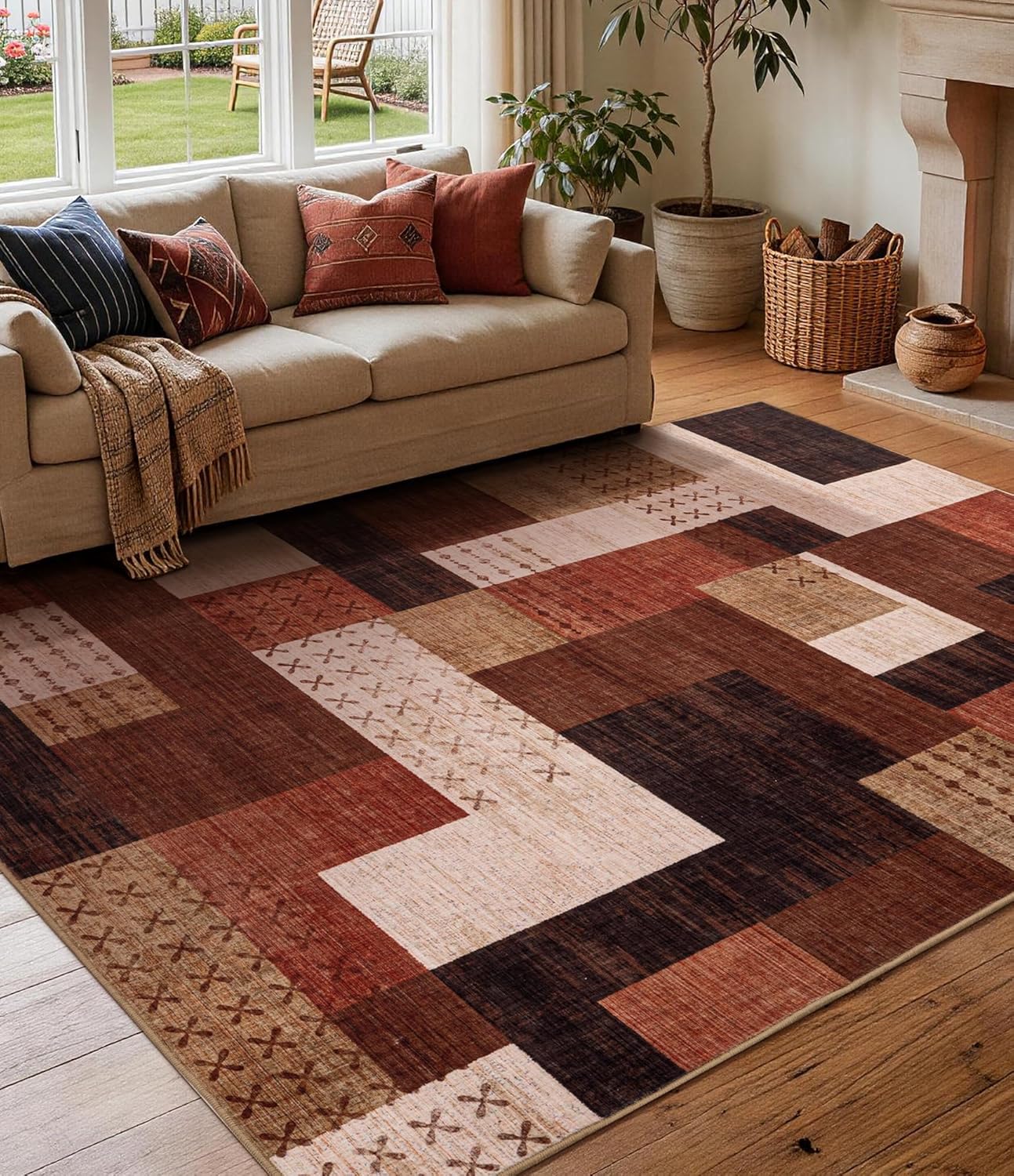 YIHOUSE Brown Modern 5x7 Area Rugs for Living Room, Washable Geometric Patchwork Rug for Bedroom Playroom Non Slip Low Pile, Southwestern Rustic Throw Carpet for Entryway Home Office