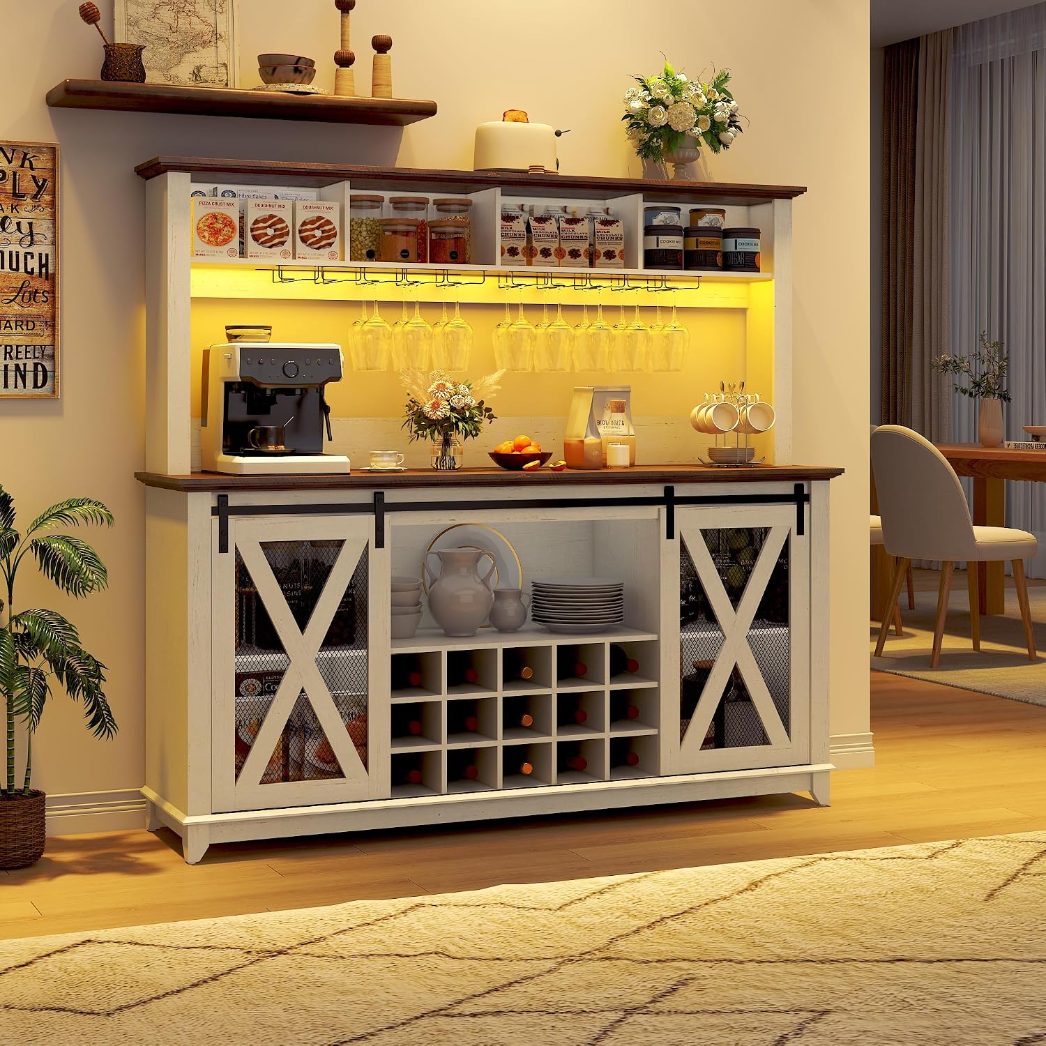 63"Wide 58"H Farmhouse Coffee Bar Cabinet with Power Outlet and LED Light,Wine Bar Cabinet w/ 4 Storage Hutch,Kitchen Buffet Cabinet with 15 Wine and Glass Racks for Kitchen Dining Room(Antique White)