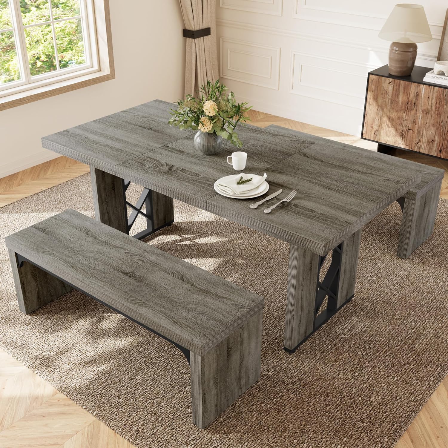 HIPIHOM 3-Piece Dining Table Set for 6 People, 70.8'' Rectangle Kitchen Table with 2 Benches for Breakfast Nook, Dining Room Furniture(Grey Table+2 Benches)