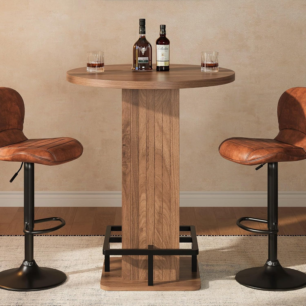 IRONCK Round Bar Table, 39.4" H Wood Bistro Pub Table with Metal Ring Footrest for Coffee Cocktail Dining Living Room, Bar Studio Apartment and Small Space, Brown(Only Table)