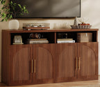 Fluted Buffet Cabinet with Storage, 63" Wide Wood Sideboard Credenza with 4 Doors & Open Storage Shelf, Modern Kitchen Entryway Accent Table for Dining Room Living Room, Kitchen, Hallway, Walnut