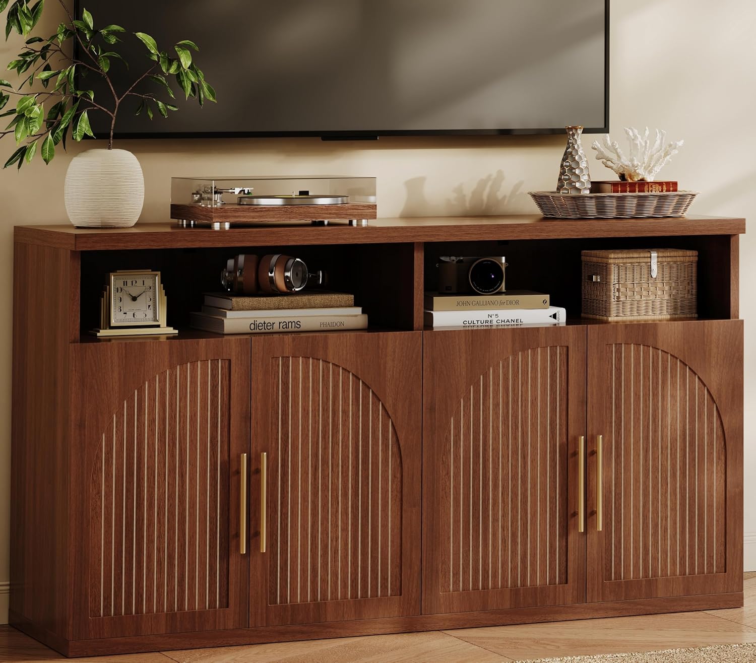 Fluted Buffet Cabinet with Storage, 63" Wide Wood Sideboard Credenza with 4 Doors & Open Storage Shelf, Modern Kitchen Entryway Accent Table for Dining Room Living Room, Kitchen, Hallway, Walnut