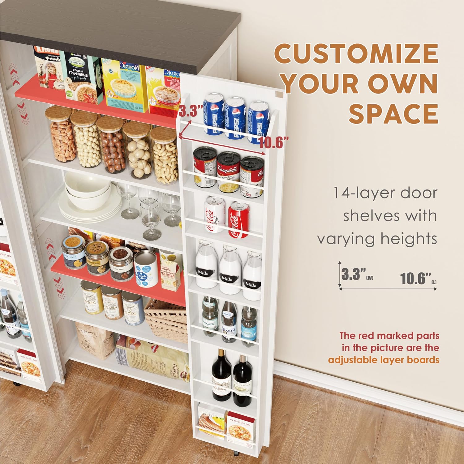 Furnaza Kitchen Pantry Cabinets - 72" Tall Craft Storage Cabinet with LED Lights, Adjustable Shelves Sewing Organizer for Craft Room/Dinning Room or Living Room, in Grian White