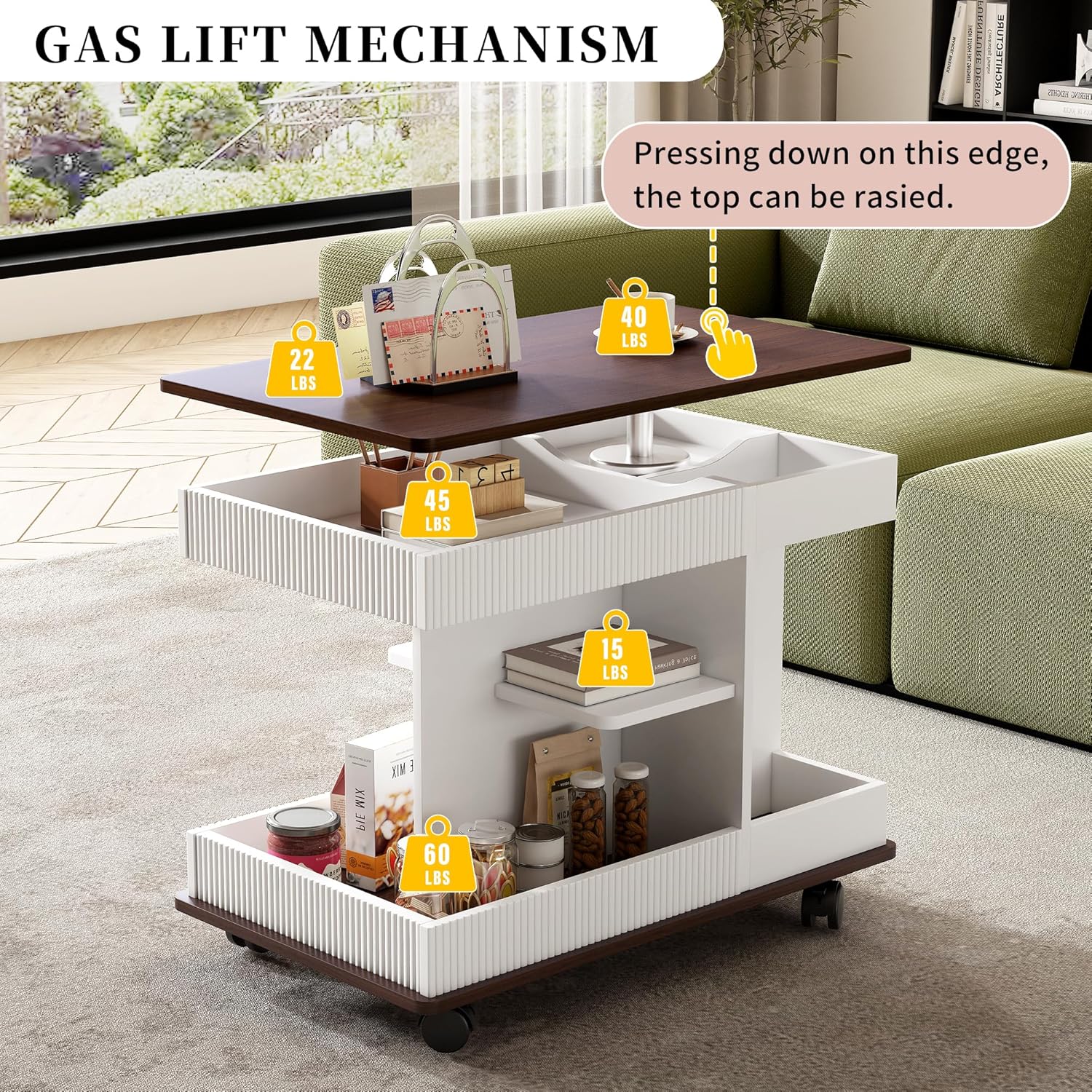 Adjustable End Table with Wheels, Modern Lift-Top Sofa Side Table, 360° Rotating Top & Storage Shelf – Multifunctional Small Space Furniture for Living Room, Bedroom, Office (White)