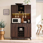 OKD 72" Tall Fluted Wine Cabinet, Modern Coffee Bar Cabinet, Dark Walnut | Charging Station, Led Lights, 4 Stemware Racks, 9 Wine Racks, 3 Drawers, 4 Cabinets, 2 Open Shelf, Home Bar Storage
