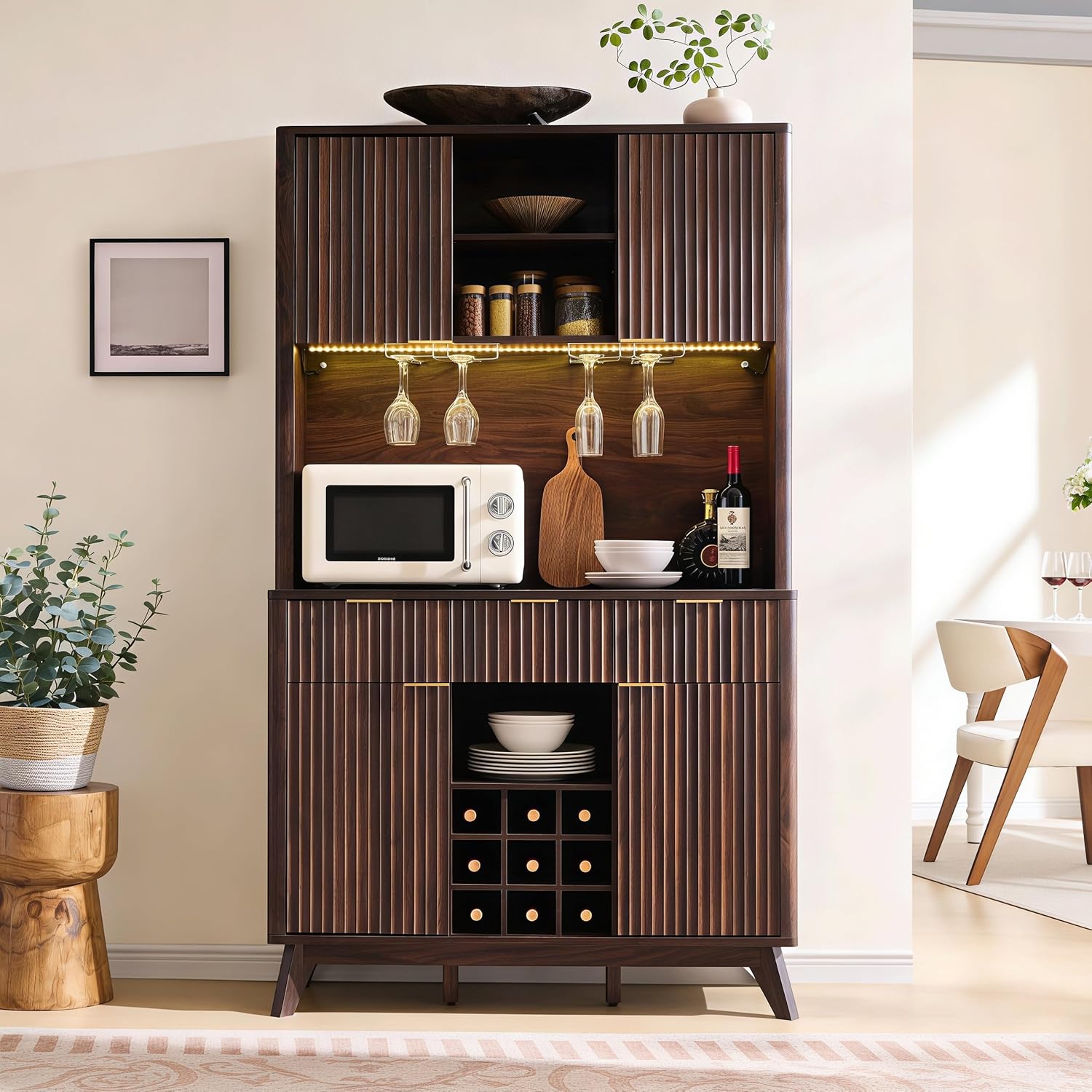 OKD 72" Tall Fluted Wine Cabinet, Modern Coffee Bar Cabinet, Dark Walnut | Charging Station, Led Lights, 4 Stemware Racks, 9 Wine Racks, 3 Drawers, 4 Cabinets, 2 Open Shelf, Home Bar Storage