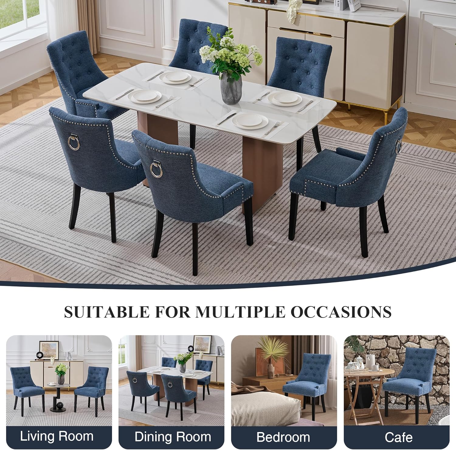 adochr Dining Chairs Set of 4, Upholstered Fabric Dining Room Chairs with Nailhead High Back & Ring Pull & Wooden Legs, Mid-Century Modern Kitchen Chairs for Restaurant, Living Room, Navy Blue