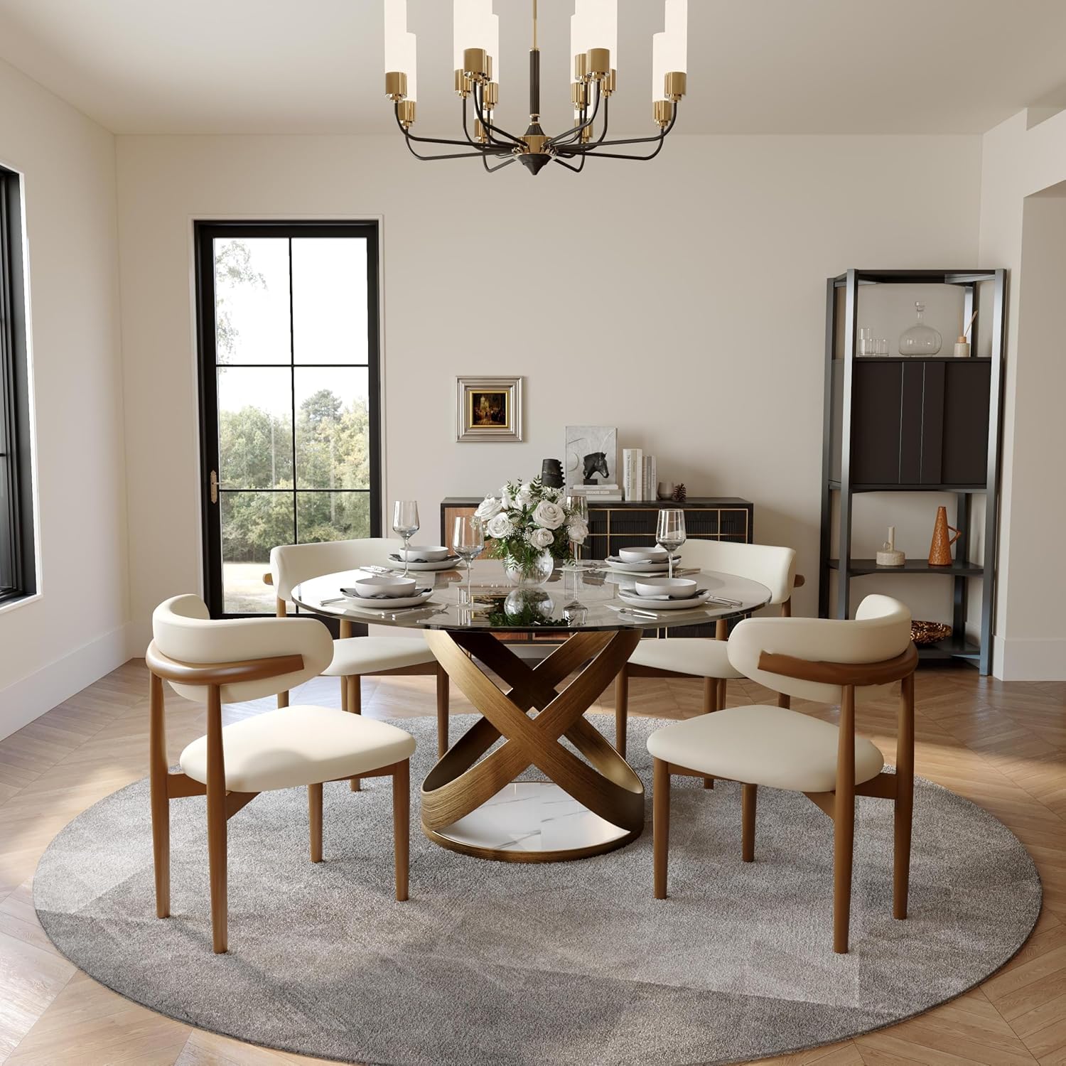 POVISON Modern Dining Chairs Set of 2, Armless PU Leather Dining Chair with PU Cushions and Dark Bronze-Coloured Metal Leg