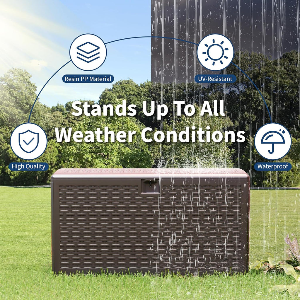 Takywep 99 Gallon Resin Wicker Outdoor Storage Deck Box, Waterproof UV Resistant Patio Storage Bench with Lockable Lid, Easy Assemble Outside Pool Garden Container in Brown Black Whiteer Style
