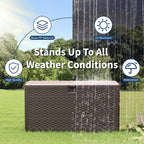 Takywep 99 Gallon Resin Wicker Outdoor Storage Deck Box, Waterproof UV Resistant Patio Storage Bench with Lockable Lid, Easy Assemble Outside Pool Garden Container in Brown Black Whiteer Style
