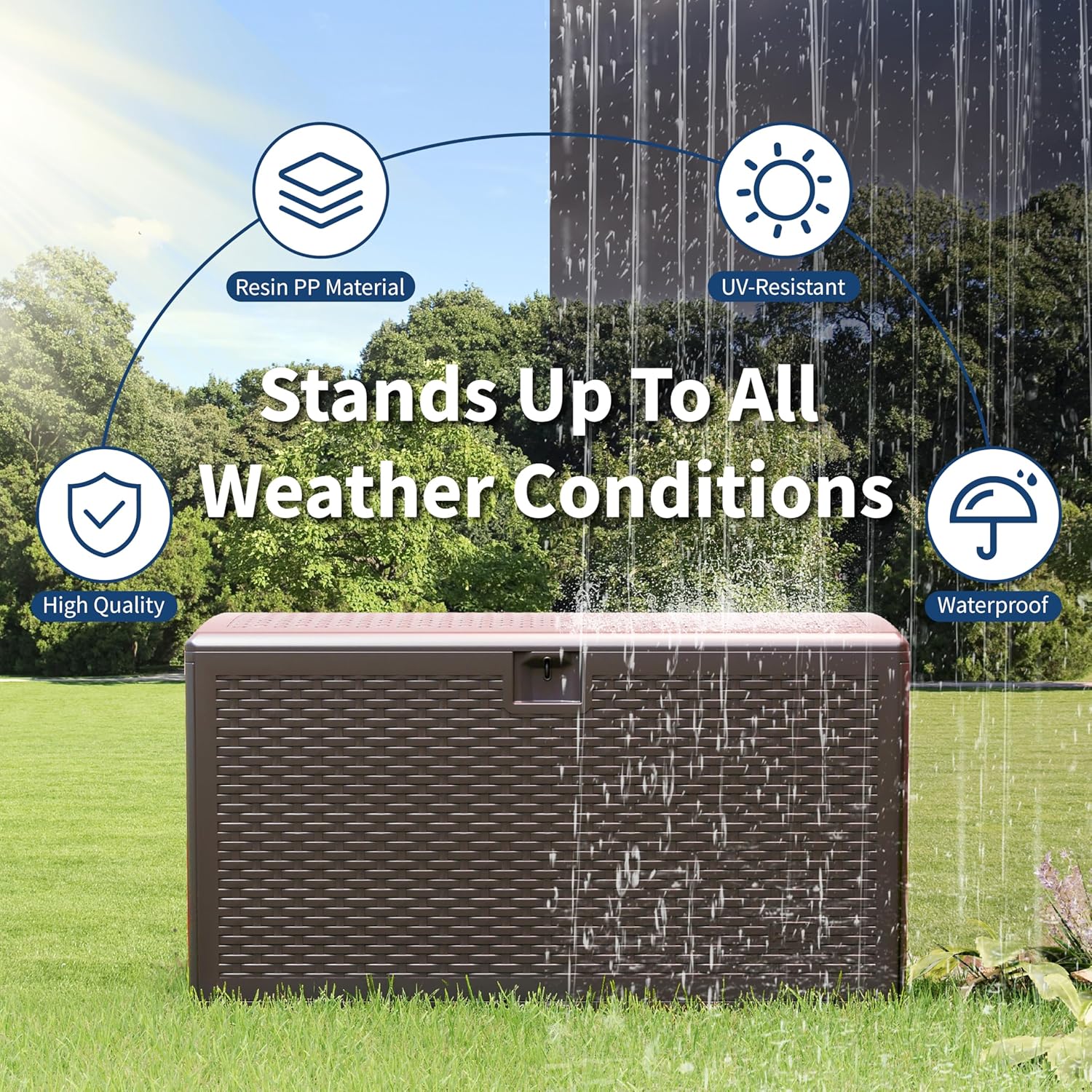 Takywep 99 Gallon Resin Wicker Outdoor Storage Deck Box, Waterproof UV Resistant Patio Storage Bench with Lockable Lid, Easy Assemble Outside Pool Garden Container in Brown Black Whiteer Style