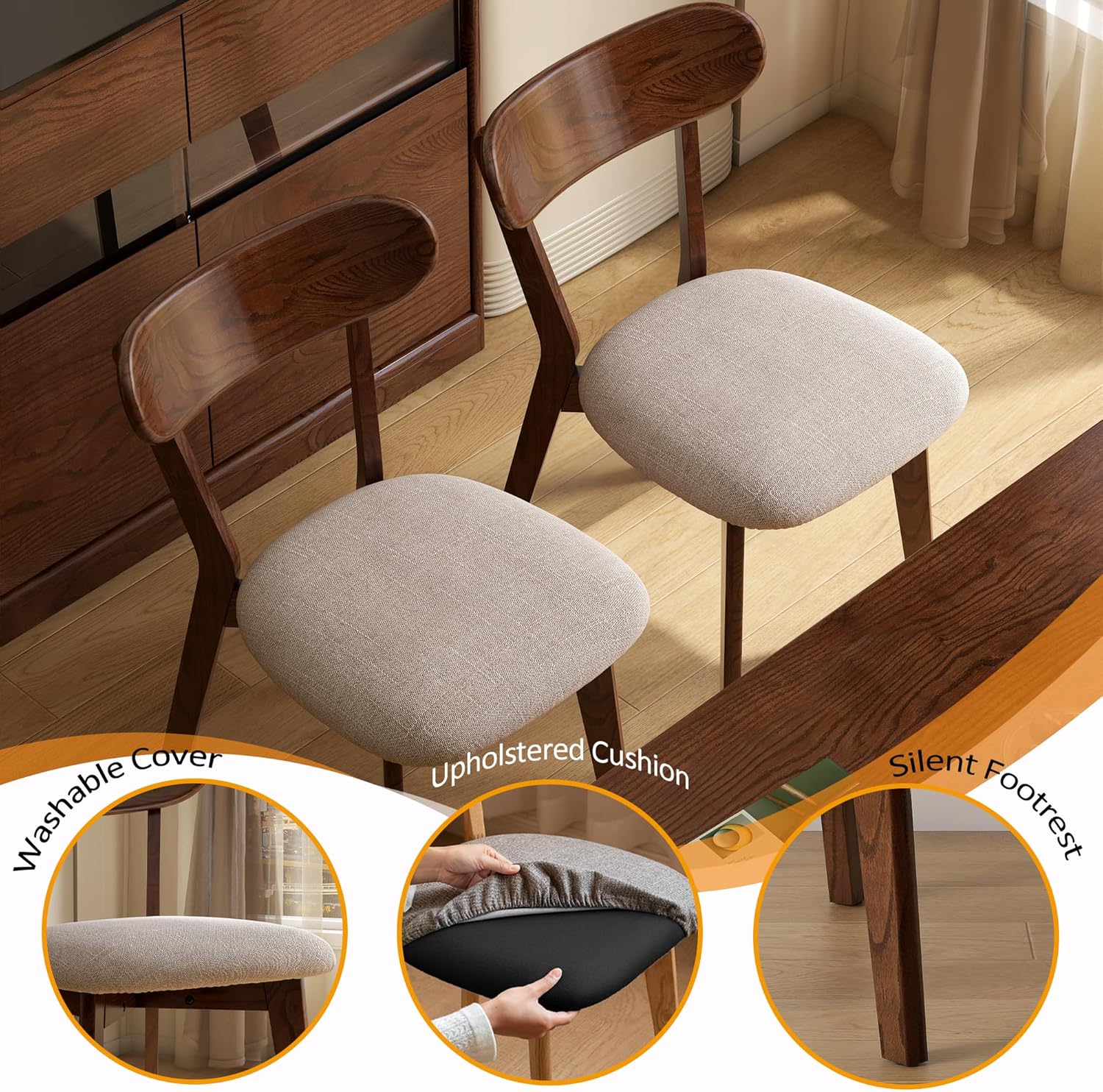 Modern Solid Wood Dining Chair Set of 6, Kitchen Dining Room Chair with Upholstered Cushion and Seat Cover, Curved Backrest, 100% FAS Grade North America Oak Wood, Walnut