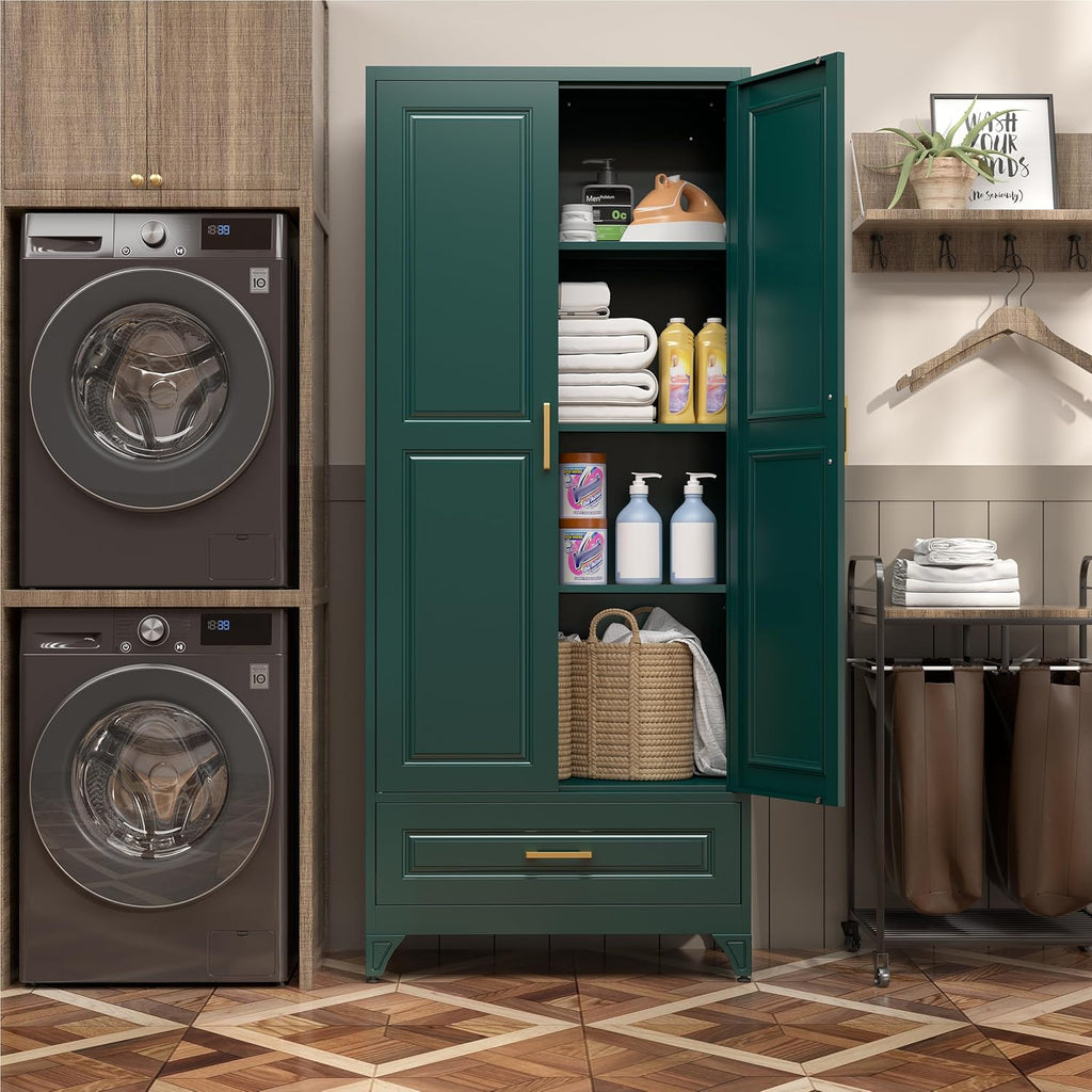SteeLoong 75" Kitchen Pantry Cabinet with Drawer, Metal Storage Cabinets with Doors and 3 Adjustable Shelves,Green Kitchen Cabinet with 2 Gold Handles,Food Cupboard for Livingroom,Pantry, Bathroom