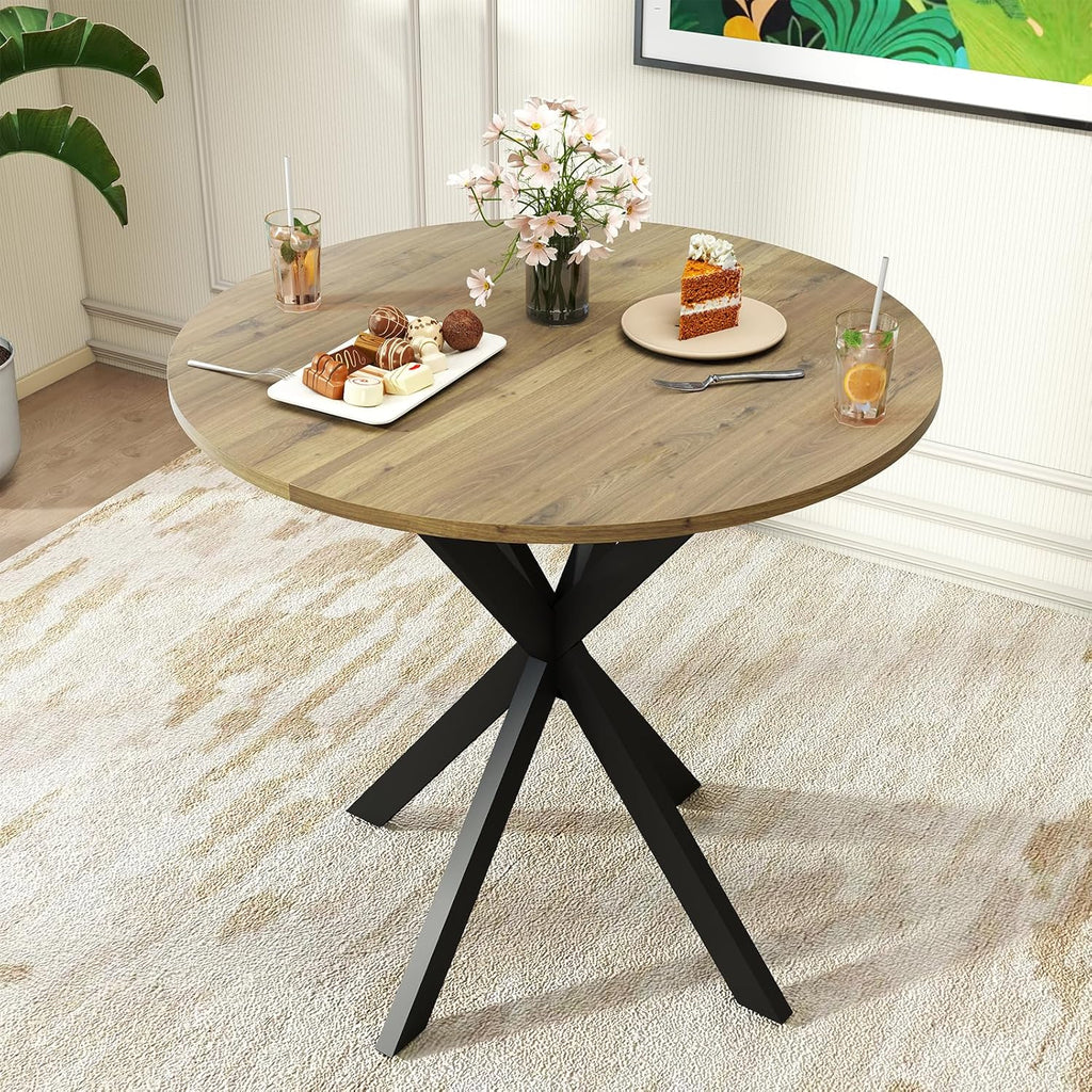 Zevemomo Round Dining Table, 31.5" Small Dining Table for 2-4, Round Kitchen Table with Metal Black Legs, Modern Round Dining Room Table for Kitchen, Apartment, Living Room, Brown