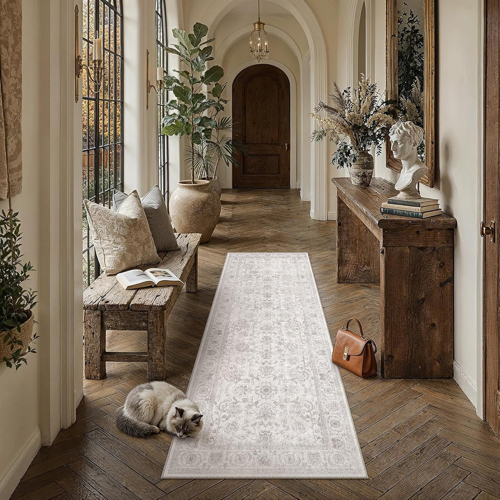 PureCozy 2x6 Gray Runner Rug for Hallway Kitchen Washable Non Slip Indoor Carpet Distressed Low Pile Soft Retro Accent Throw Grey Rug for Laundry Entryway Bathroom Bedroom Living Room