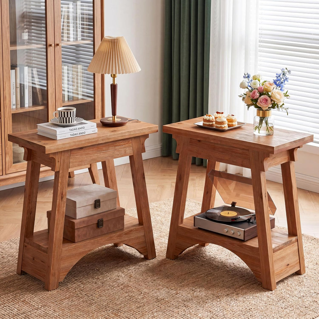 End Table for Living Room, Solid Wood Side Table with Storage, Farmhouse Narrow Nightstand for Bedroom, Small Spaces, Rustic Brown