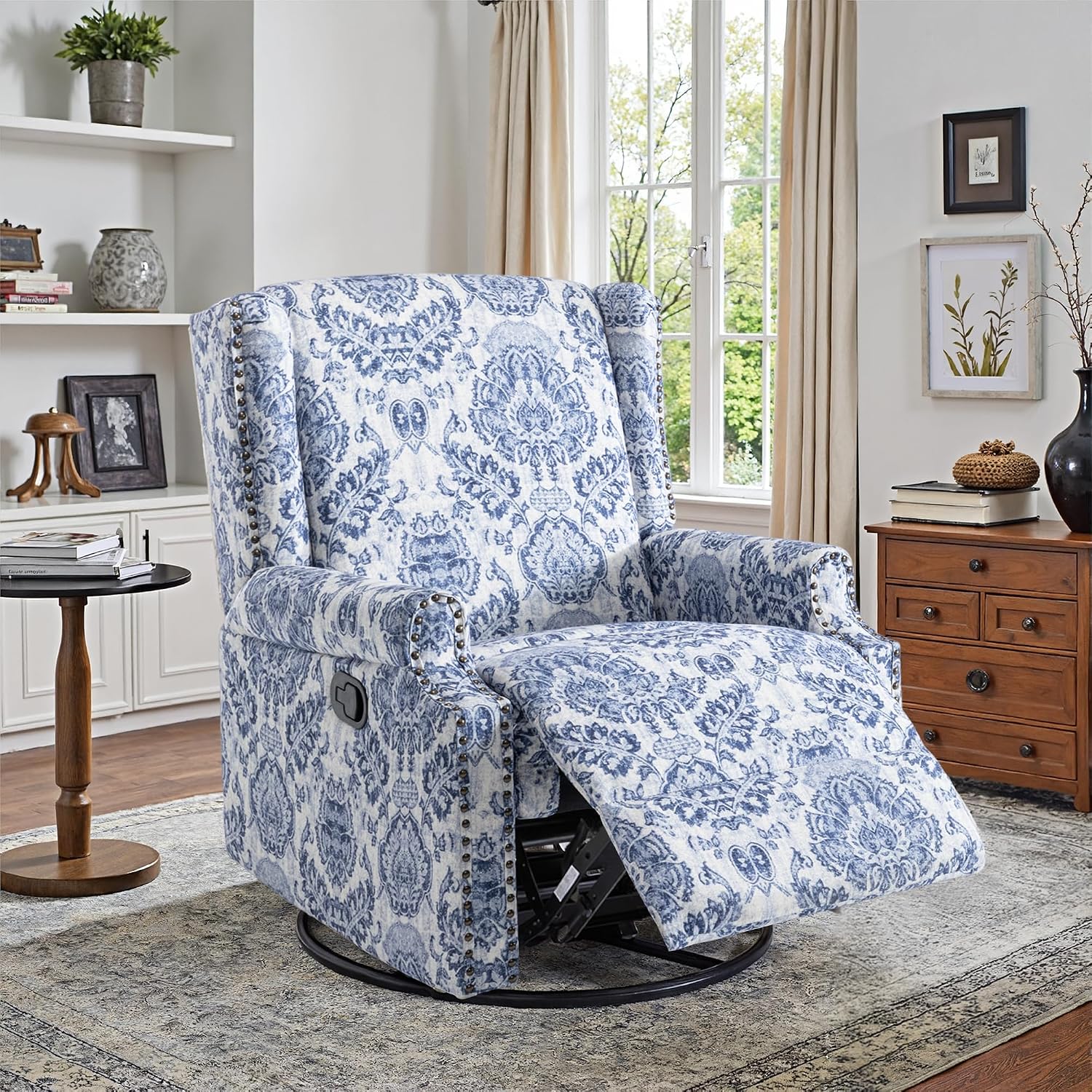 Swivel Rocker Recliner Chair Set of 1, Manual Nursery Glider Recliner, Floral Fabric Wingback Accent Chair with Adjustable Backrest & Footrest for Small Spaces Living Room Bedroom -Navy Blue