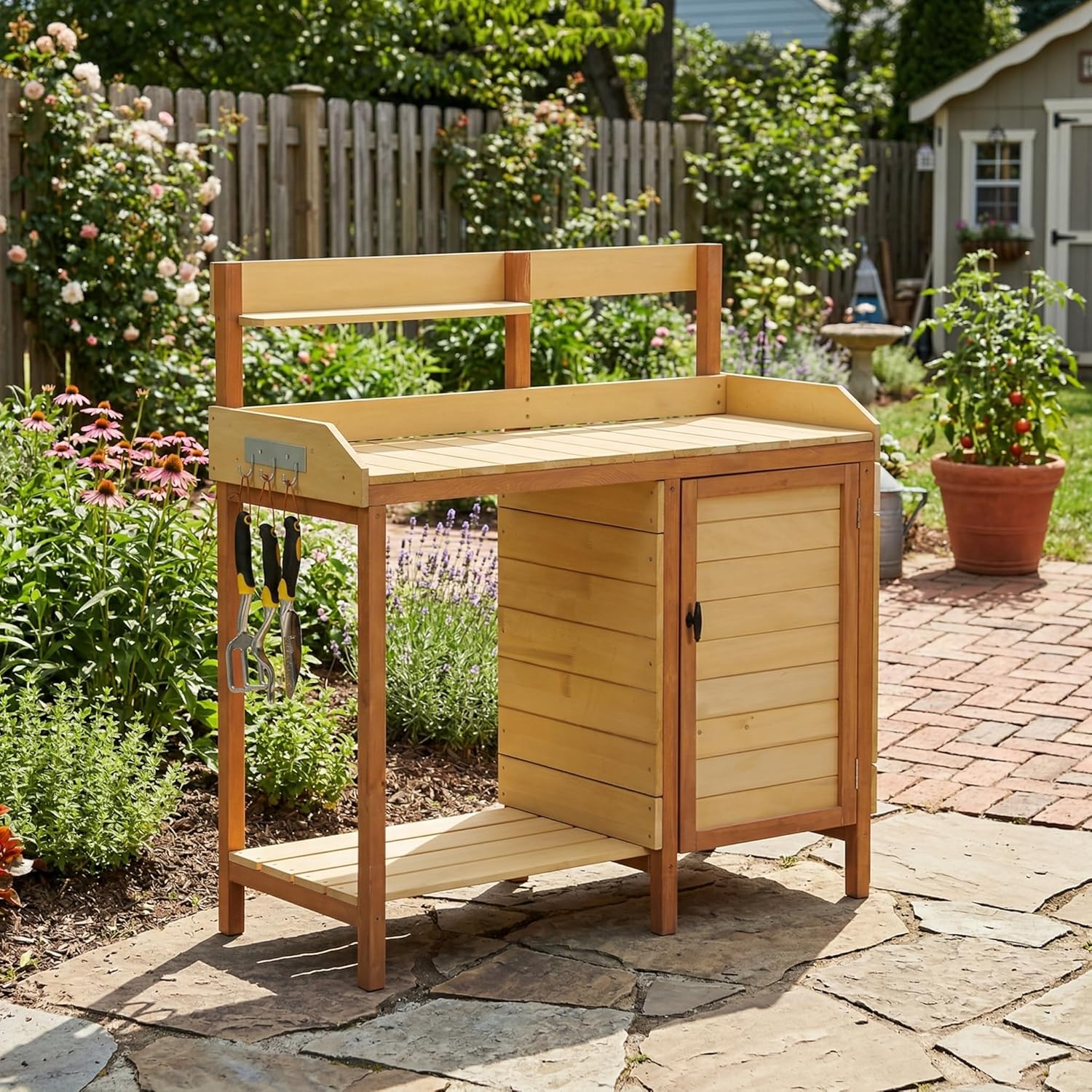Outdoor Wooden Potting Bench with Sink, Sliding Tabletop & Removable Tray, Large Storage Cabinet + Bottom Shelf, Natural Wood Garden Workstation for Patio & Lawn