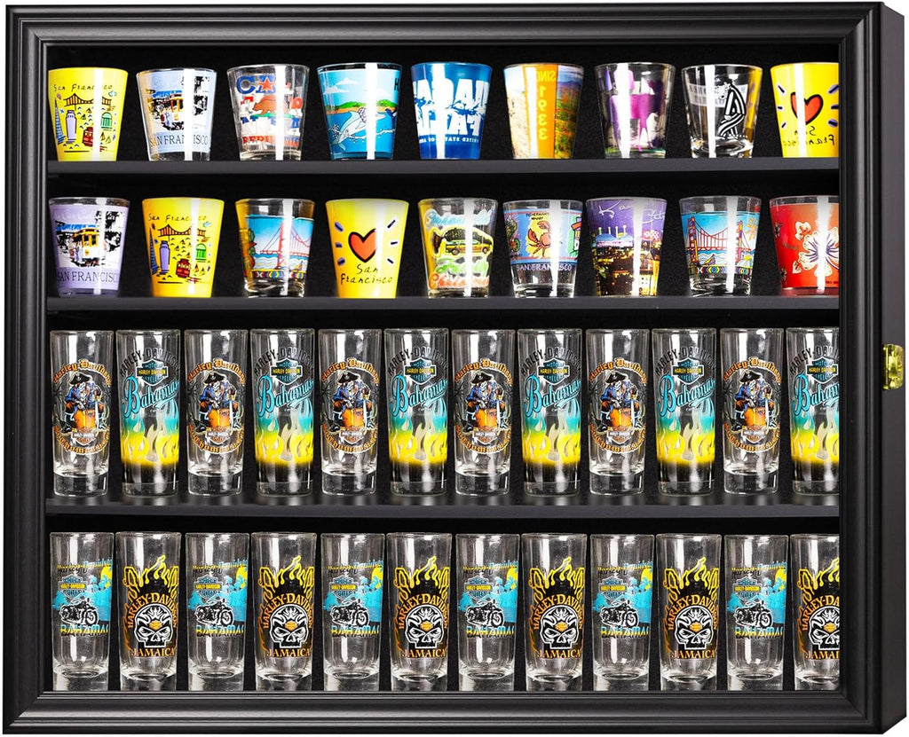 Shot Glass Shooter Display Case Small Wall Curio Cabinet for Salt & Pepper Shaker Display Also Compatible with Funko Pop Figures, Nodder Wobbler Figures - Black Frame